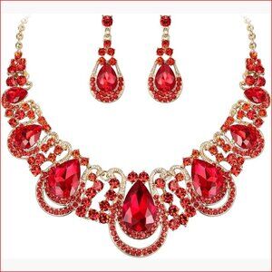 Crystal Teardrop Hollow Scroll Statement Necklace Dangle Earrings Set